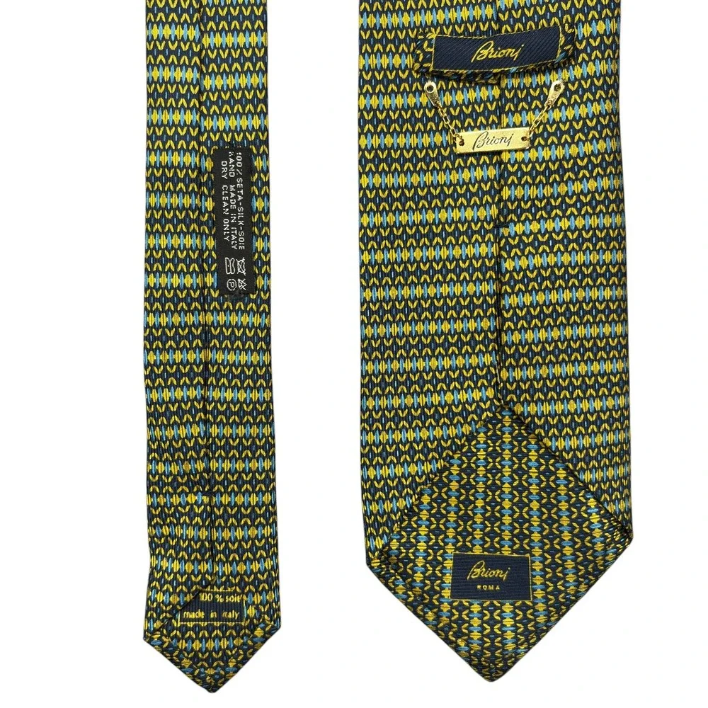 Brioni 100% Silk Necktie Mens Green Yellow Geometric Handmade Italy Tie 3.75x58